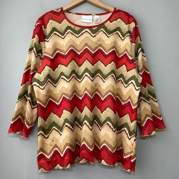 Alfred Dunner Womens Size Large Earthy ZigZag Chevron Mesh Top Artsy Boho Tribal - Picture 1 of 6